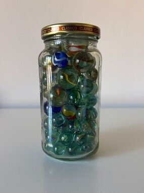 Jar of Marbles 10 Shooters  & over 75 Standard Sized Cat eyes and other Vintage